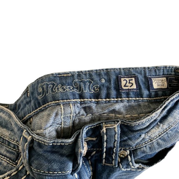 Miss Me 'Skinny' Womens Jeans Tag 25 Blue W26xL32 Distressed Embroidered Denim - Picture 10 of 12